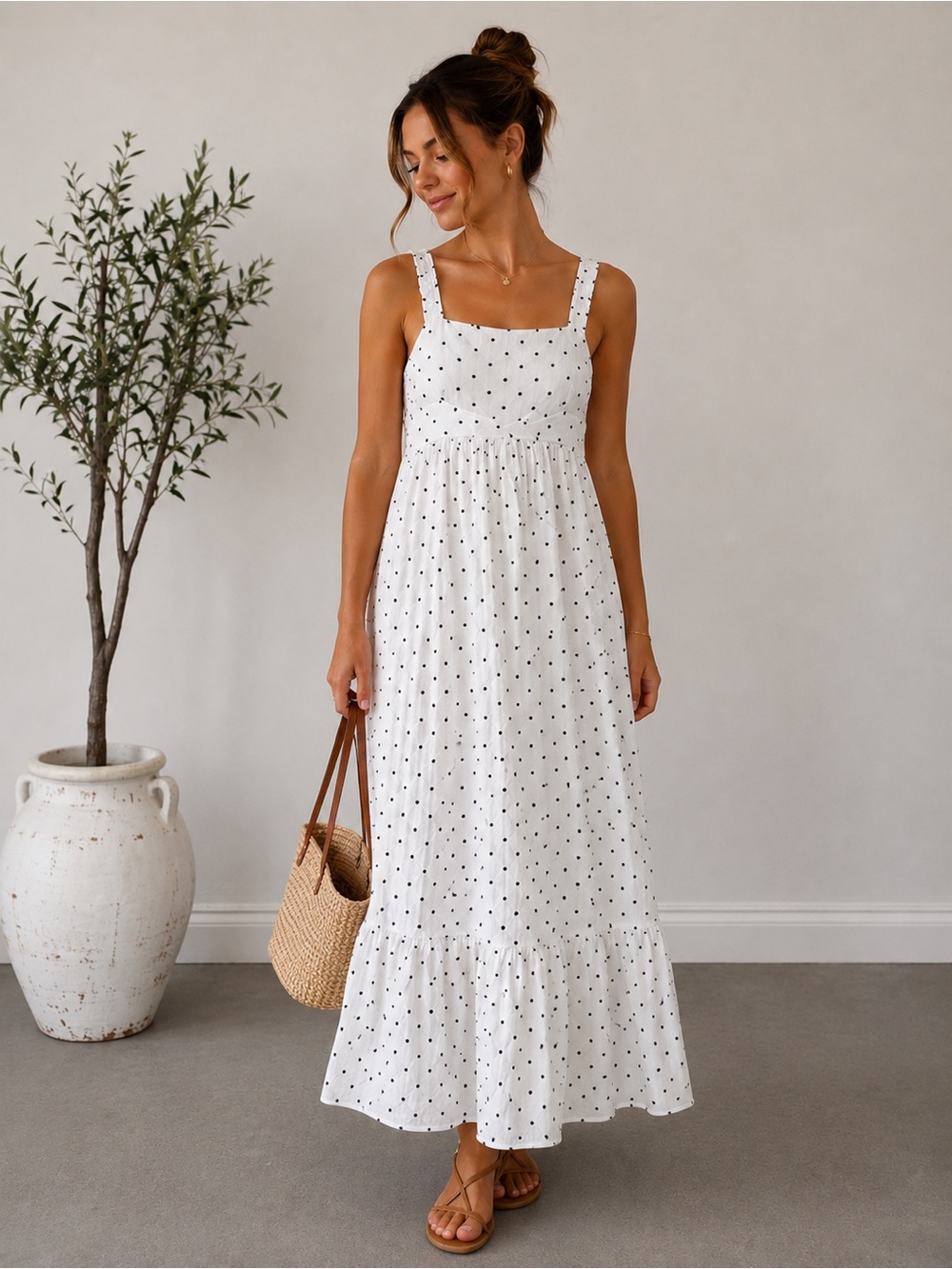 See U Soon Linen Tie-Back Polka Dot Ruffle Hem Midi Dress Size 2 White Black